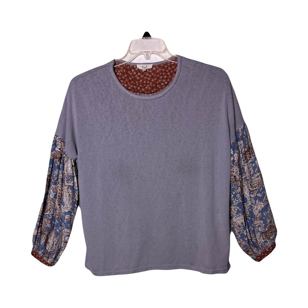 Easel | Blue Boho Paisley Balloon Sleeve Top, Small